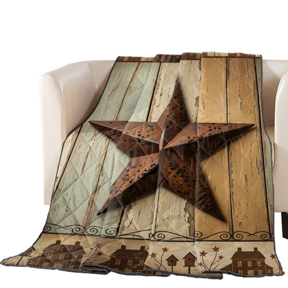 Rustic Brown Red Star Quilted Comforters Cooling Blanket Full Size, Barn Farmhouse Vintage Wood Striped Cold Comfort for Hot Sleepers Lightweight Air Conditioning Quilt Blanket for Bed