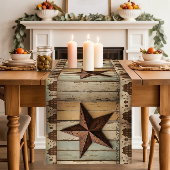 Rustic Brown Red Star Table Runner, Barn Farmhouse Vintage Wood Striped Washable Cotton-linen Table Runners Dining Kitchen Decoration for Everyday Home Wedding Party Decor, 13 x 36 Inch