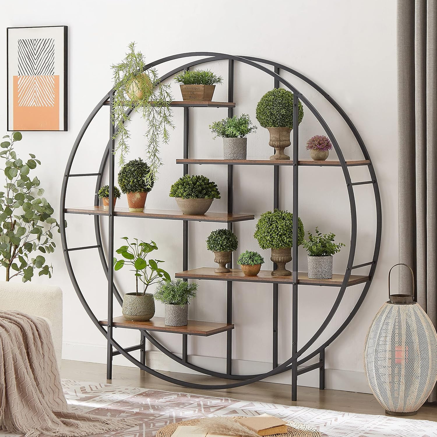 Rustic Brown Round 5-Tier Metal Plant Stand Bookcase Storage Rack ...