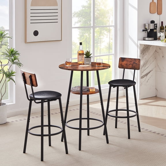 Rustic Brown Round Bar Stool Set with Shelf Upholstered Backrest Seat Particle Board Iron Frame Small Space Bar Table Chair Set