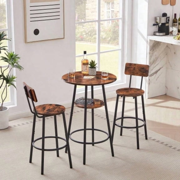 Rustic Brown Round Bar Stool Set with Storage Shelf & Backrest, 23.6 - Dining Chair