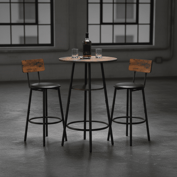 Rustic Brown Round Bar Table Set with 2 Upholstered Stools & Storage Shelf - 35.4" Counter Height Table and Chair Set for Kitchen, Bar or Small Spaces