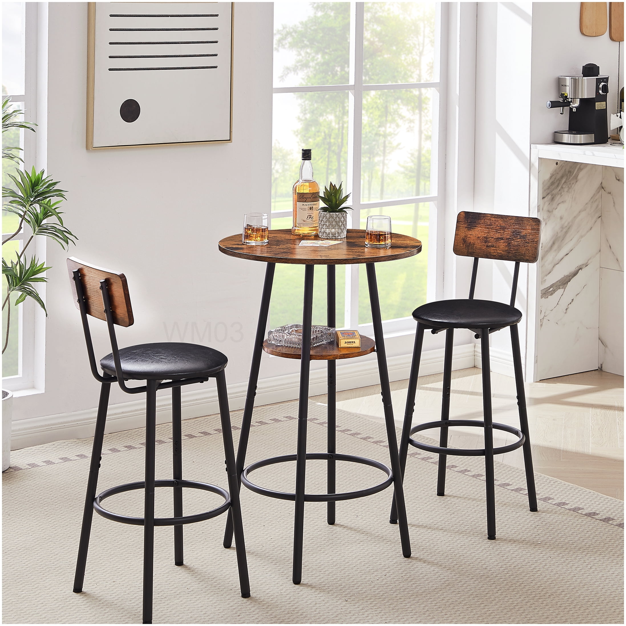 Industrial Style Bar Table Set with 2 Padded Stools, Rustic Brown Finish with Shelf