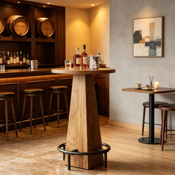 Rustic Brown Round Counter Height Bar Table 37.4 Inch Pub High Top Table with Metal Footrest Pyramid Frame MDF Bistro Table for Home Bar Living Room Office Lounge