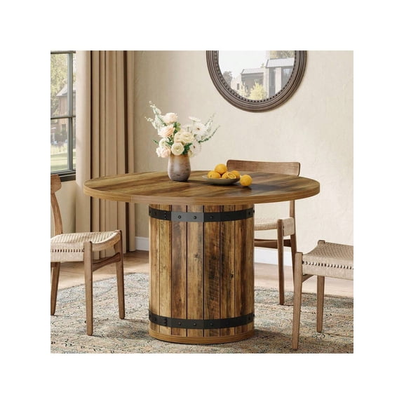 Rustic Brown Round Dining Table For 4, 39.37-Inch Farmhouse Style With Barrel Pedestal Base, Indoor Use