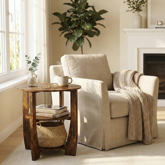 Rustic Brown Round Side Table, 3-Tier End Table with Storage Shelves, Farmhouse Nightstand for Bedroom, Small Accent Table for Living Room Sofa, 19.7" D x 21.7" H