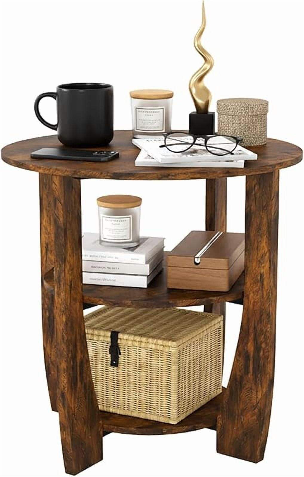 Rustic Brown Round Side Table, 3-Tier End Table with Storage Shelves ...