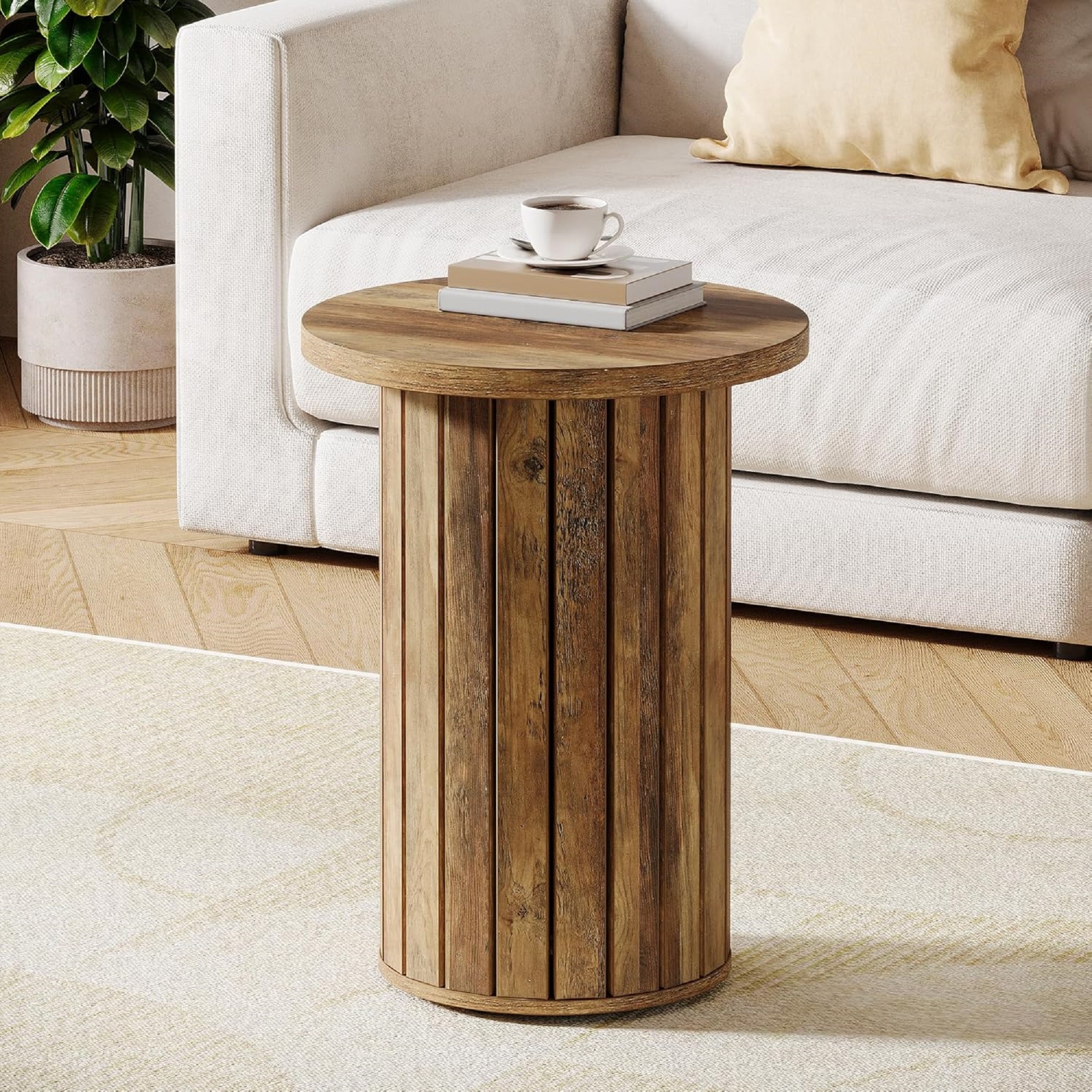 Rustic Brown Round Side Table, Compact Fluted Couch End Table for ...