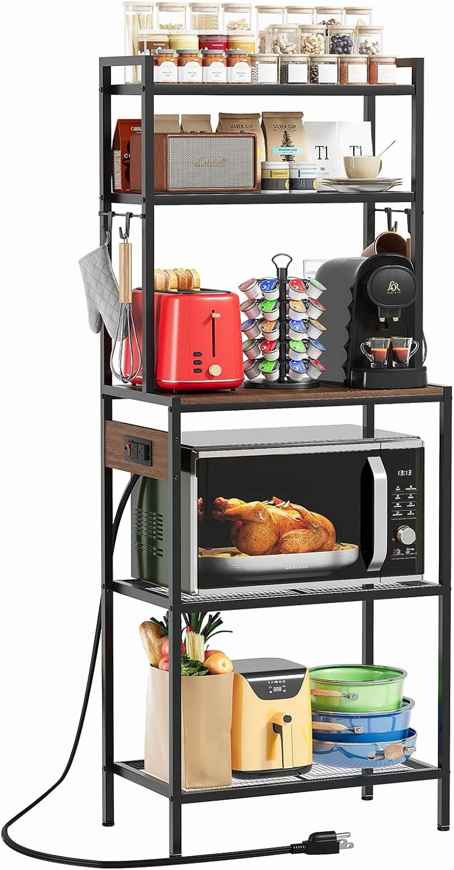 Rustic Brown S1 Kitchen Bakers Rack with Power Outlet - 5-Tier Microwave Stand (13"D x22.9"W x58.3"H), Freestanding Coffee Bar with 4 Hooks