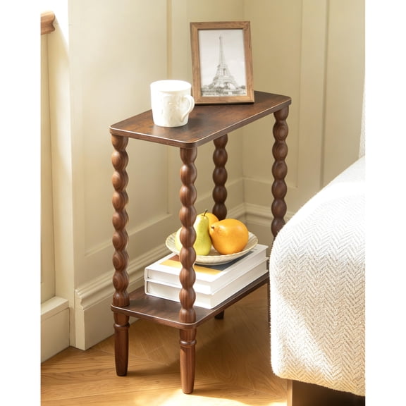 Rustic Brown Spindle Narrow Side Table With 2-Tier Storage, 15.7W x 7.8D x