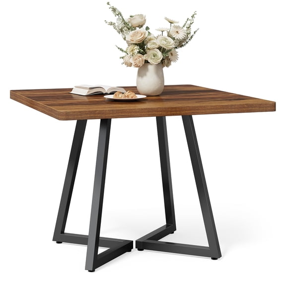 Rustic Brown Square Dining Table With Metal Legs, 31.5 Inch Modern Cafe