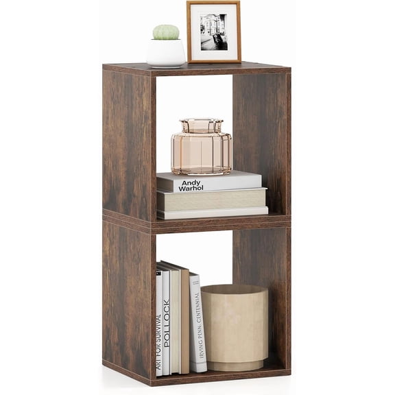 Rustic Brown Stackable 2 Cube Storage Organizer, Combinable Bookcase or Record Player Stand