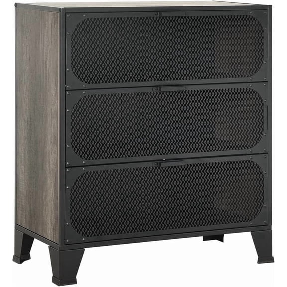 Rustic Brown Storage Cabinet 28.3x14.2x32.3 Inches, Metal and MDF 2-Shelf Cabinet with Mesh Doors for Living Room Bedroom