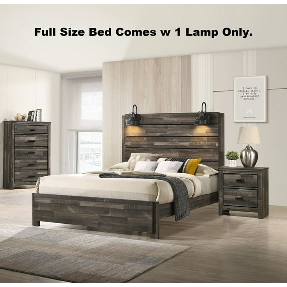 Rustic Brown Style 3pc Full Platform Bed Chest Nightstand Set Built-In Lighting Bedroom Furniture