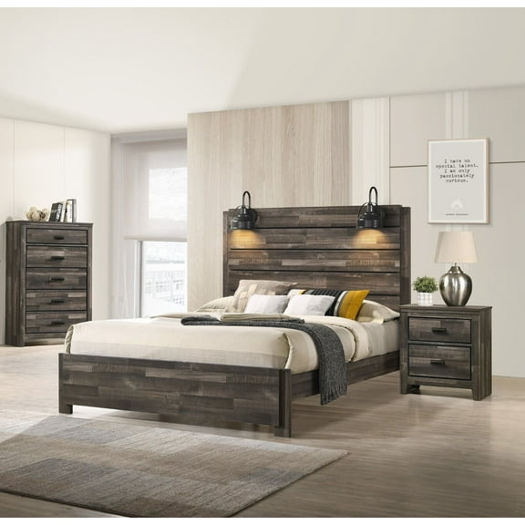 Rustic Brown Style 3pc Queen Platform Bed Chest Nightstand Set Built-In Lighting Bedroom Furniture