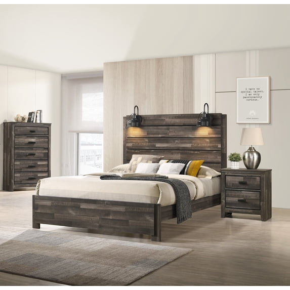 Rustic Brown Style 3pc Queen Platform Bed Chest Nightstand Set Built-In Lighting Bedroom Furniture