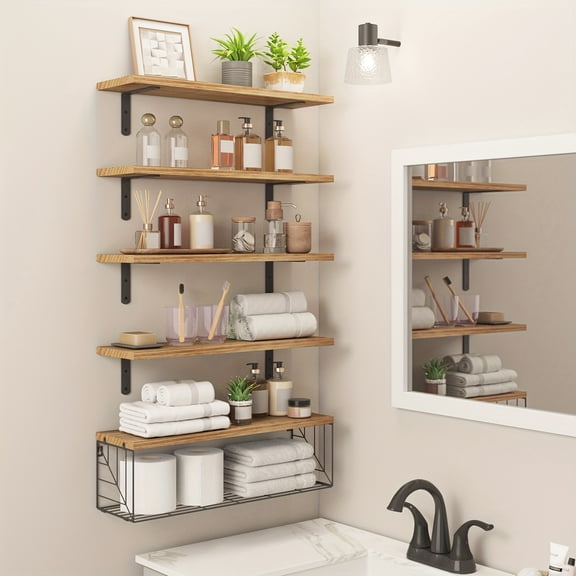 [Rustic Brown] TOMNK 5+1 Tier Floating Shelves with Metal Basket | 23.6in Extended | Wall-Mounted Over-Toilet Storage | Decor & Organizer for Bathroom, Living Room, Bedroom