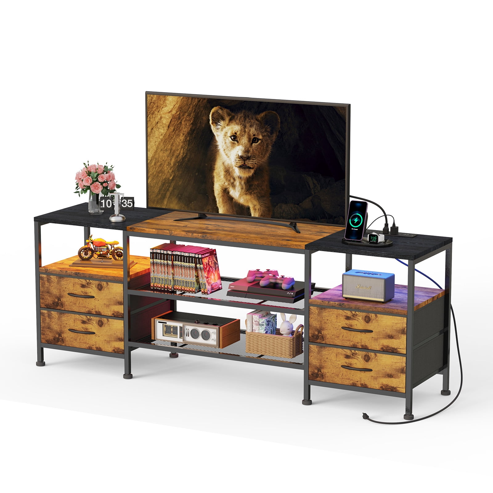 Rustic Brown TV Stand with 4 Drawers & Shelf, Suitable for 65, 70, 73 ...