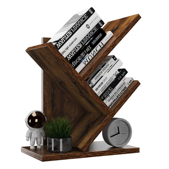 Rustic Brown Tree-Shaped Bookshelf, 4-Tier Leaning Ladder Organizer With Base Display Shelf