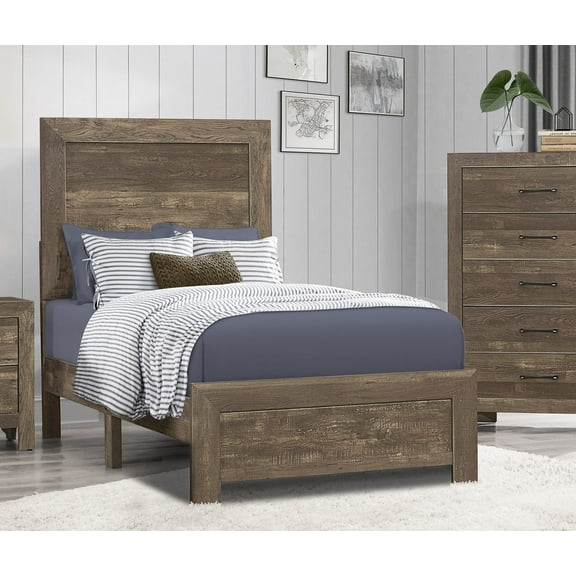 Rustic Brown Twin Bed Panel Headboard & Footboard Set | Solid Wood & Faux-Wood Veneer | Modern Farmhouse Bedroom Furniture | 41.5" W x 79.5" L | Box Spring Required
