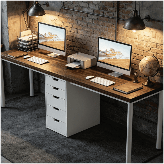 Rustic Brown Two Person Office Desk with Wood Grain Top, Spacious Workstation for Home Office and Study Room