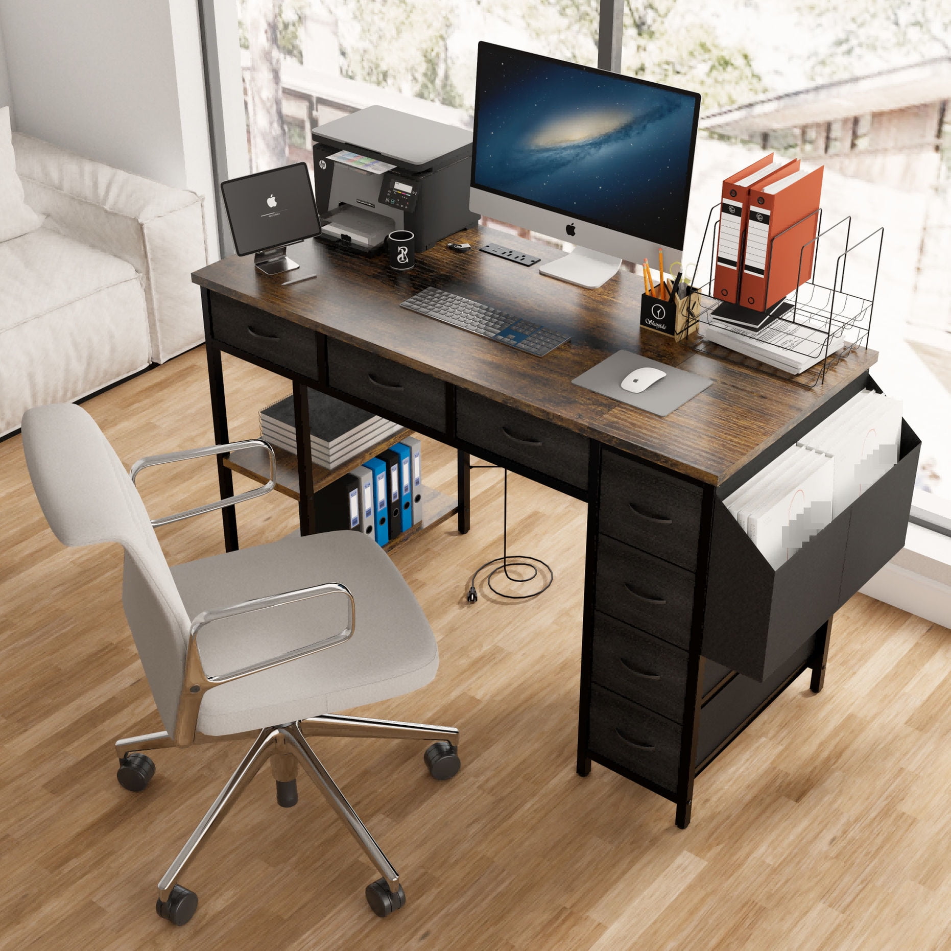 Rustic Brown Vanity Desk + Adjustable CPU Stand