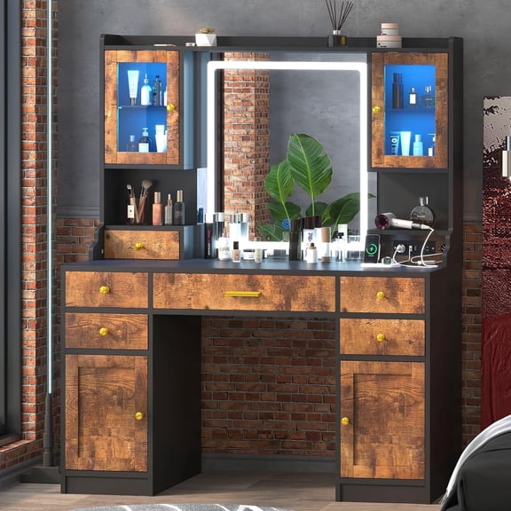 Rustic Brown Vanity Desk with Mirror,Lights and Charging Station