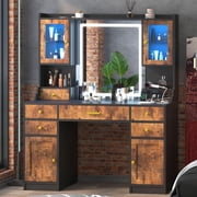 Rustic Brown Vanity Desk with Mirror,Lights and Charging Station
