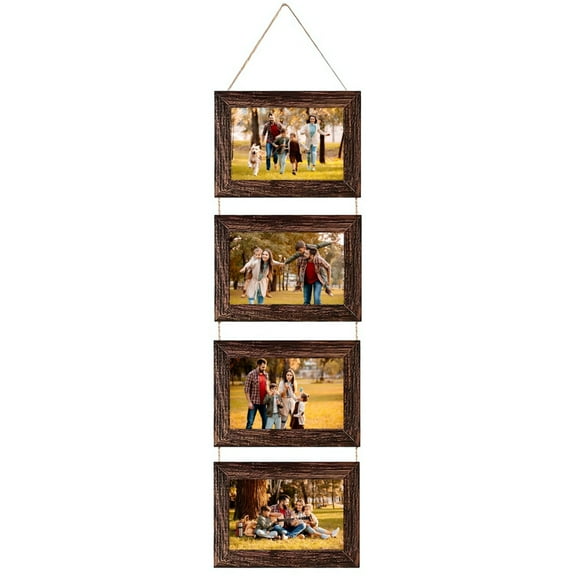 Rustic Brown Vertical 5 x 7 in/12.7 x 17.78 cm Picture Frame Collage, 4 Opening Hanging Wall Decor, Farmhouse Rope String Photo Display, Sturdy MDF for Living Room