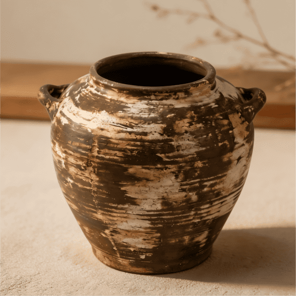 Rustic Farmhouse Ceramic Vase, 7.08" Distressed Brown Terracotta Vase with Dual Handles, Vintage Tabletop Decor for Home Shelf Mantel
