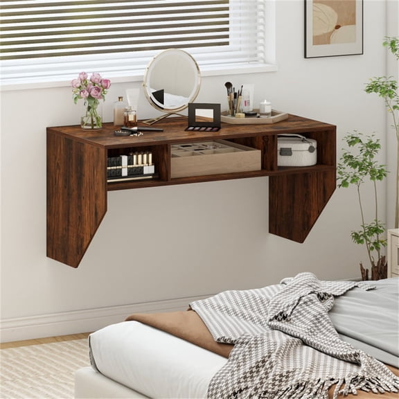 Rustic Brown Wall-Mounted Floating Desk with 3-Cube Storage, 41.5 Inch Wide Computer Desk for Home Office, Study or Bedroom
