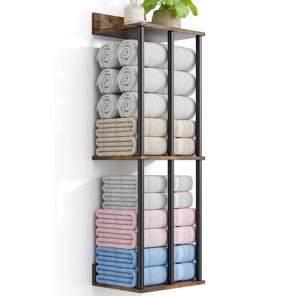 Rustic Brown Wall Mounted Towel Rack With Wooden Shelves, Large Capacity Bathroom Organizer