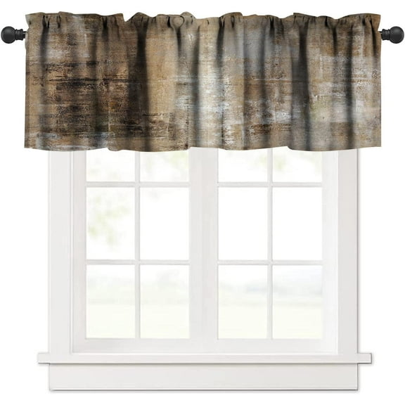 Rustic Brown Window Valance Curtains Retro Farmhouse Grey Pattern Short Curtain for Kitchen Living Room Bathroom Windows W54xL18in