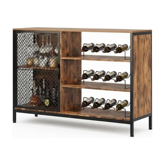 Rustic Brown Wine Bar Cabinet with LED Lights & Power Outlets – Wood Liquor Storage with Doors, Glass Holders, Wine Rack – Mini Coffee Bar for Dining Room & Living Room