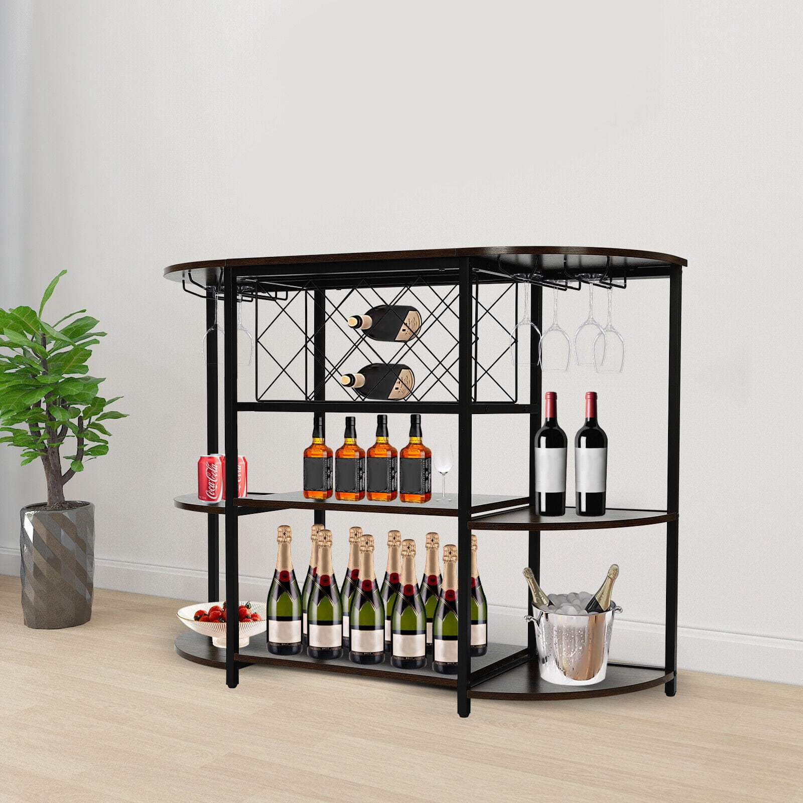 Rustic Brown Wine Rack Table, Wine Bar with Storage
