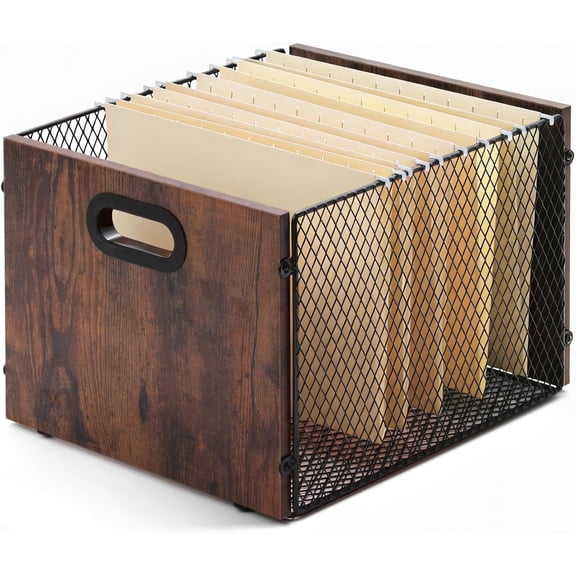 Rustic Brown Wood File Box Organizer, Hanging Folder Storage Boxes, Filing Crate Bin Holder with Handle for Home Office Desk, Letter Size