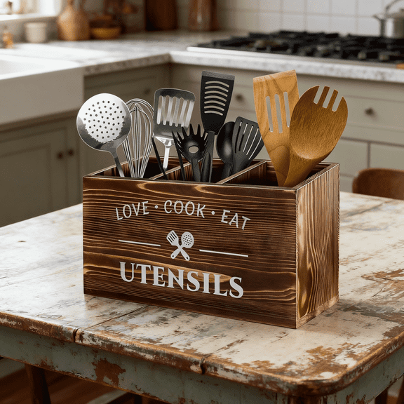 Rustic Brown Wood Utensil Holder - 3 Compartments Caddy for Kitchen Counter Silverware/Fork/Spoon