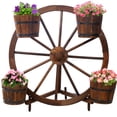 thumbnail image 1 of Rustic Brown Wood Wagon Wheel Barrel Planter 34.4 Inches Versatile Indoor Outdoor Display Unit Perfect for Garden and Patio Decor Show Off Your Plants in Style, 1 of 10