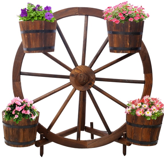 Rustic Brown Wood Wagon Wheel Barrel Planter 34.4 Inches Versatile Indoor Outdoor Display Unit Perfect for Garden and Patio Decor Show Off Your Plants in Style
