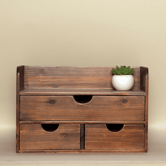 Rustic Brown Wooden 3 Drawer with Shelf Office Desk Organizer & Mail Rack For Desktop,Box for Office Home makeup holder Toiletries Supplies Vanity, No Assembly Required (Brown)