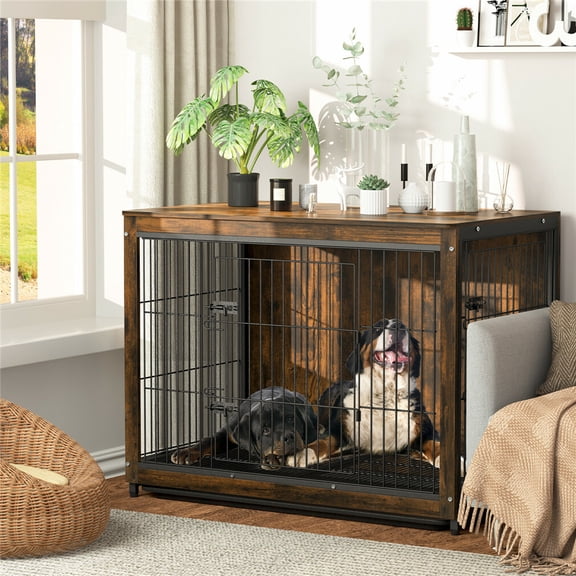 Rustic Brown Wooden Dog Cage Cat Pet Crate House End Table Dog Kennel Dual Door 38 x 23 x 30 inch