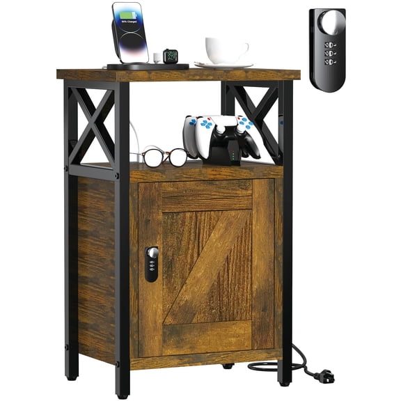 Rustic Brown Wooden Nightstand With Lock, Charging Station, 3 USB Ports, 2 Outlets, Open Shelf & Cabinet Storage End Table