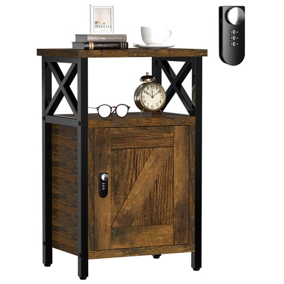 Rustic Brown Wooden Nightstand With Lock, Open Shelf & Cabinet Storage, No Charger, Farmhouse Style Bedside Table