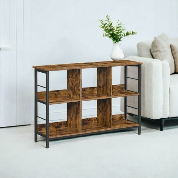 Rustic Brown and Black Bookshelf with an Industrial Design. Cube Shelf, Console Table, and TV Stand featuring 6 Storage Cubes,13 x 47.2 x 31.5 Inches