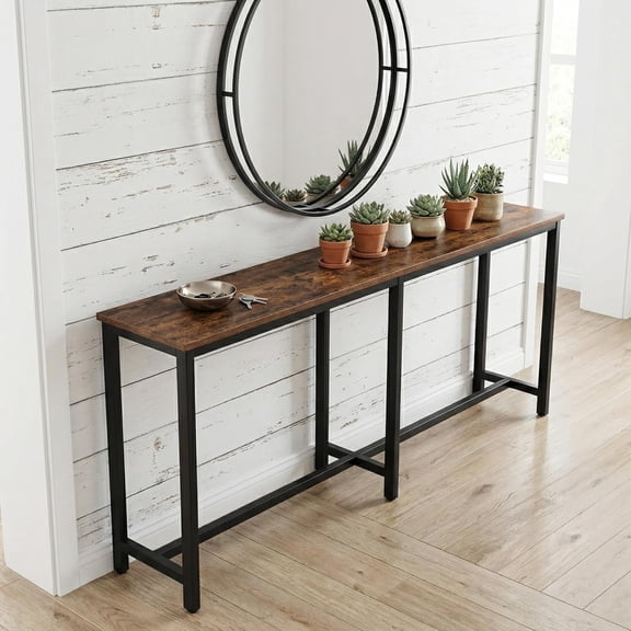 Rustic Brown and Black Metal Frame High Pub Table, Narrow Long Kitchen Dining Bar Desk, 71 Inch Counter Height Table