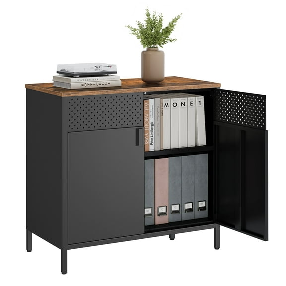 Rustic Brown and Black Storage Sideboard with Adjustable Shelves, Steel Frame Buffet Table for Flexible Storage Solutions