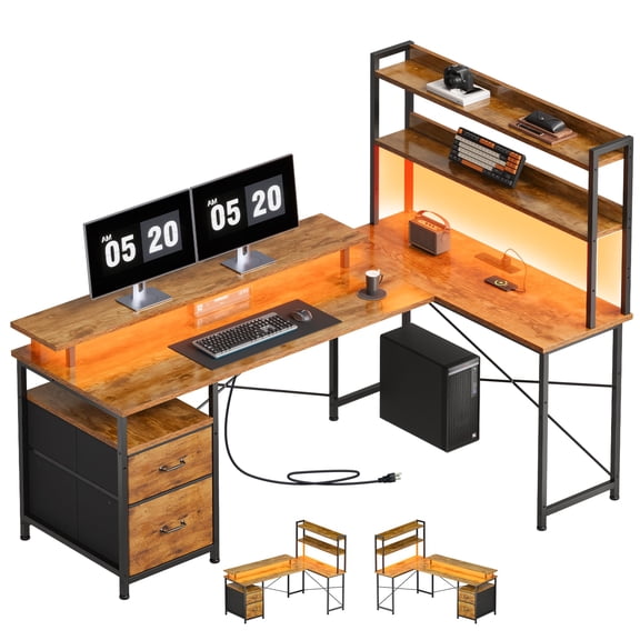 Rustic Brown2 L-Shaped Computer Desk With LED Lighting, Monitor Stand,