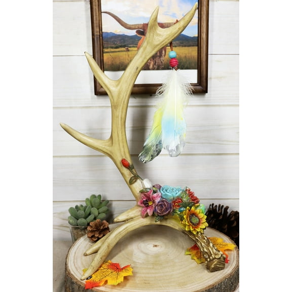 Rustic Buck Deer Antler With Flowers And Feathers Jewelry Tree Or Decor Figurine