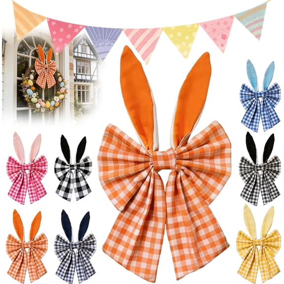 Rustic Buffalo Plaid 16" Easter Bunny Ears Wreath Bow, Fabric Spring Holiday Bows for Wreaths, Tree Topper, Home Party DIY Crafts