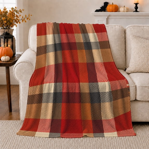 Rustic Buffalo Plaid Bat Pumpkin Autumn, Festive autumn celebration Scene, Warm Flannel Blanket for Ranch House and Living Room, Art Lovers autumn celebration Gift, Festive Home Decor